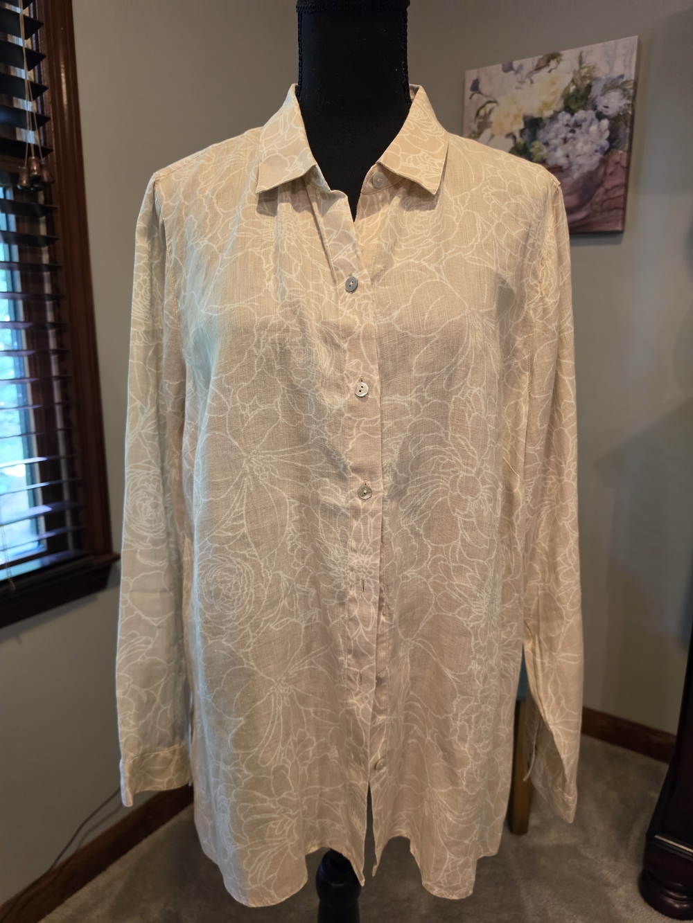 J. Jill Beige Linen-Blend Floral Shirt
